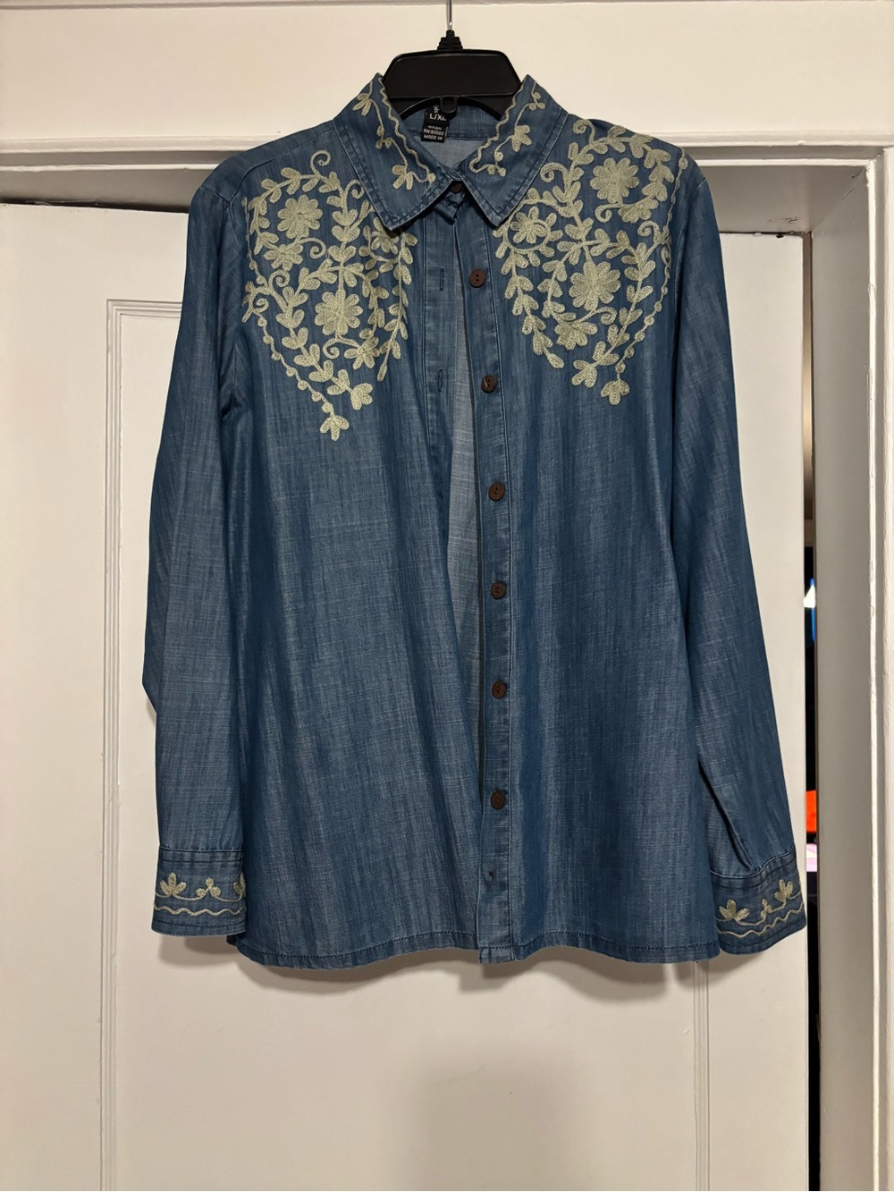 Sacred Threads Denim Button-Down Shirt with Cream Floral Embroidery